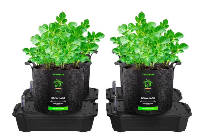 self water potted plants Self-Watering Fabric Pot Base and Grow Bag Set - 4 Pack